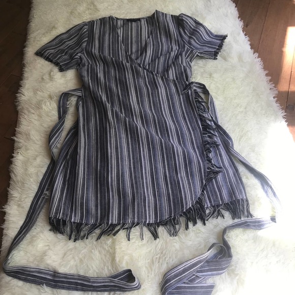 Cotton Candy LA Mini Dress Womens Medium Hartwood Blue Striped‎ True Wrap Fringe - Picture 11 of 15